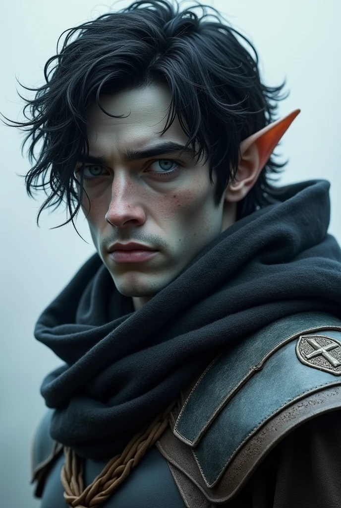 Low elf male with grey skin, blue eyes, black hair, the face is unremarkable and covered with a scarf, and part of the head and ears are covered by a hood, dressed in light leather armor.