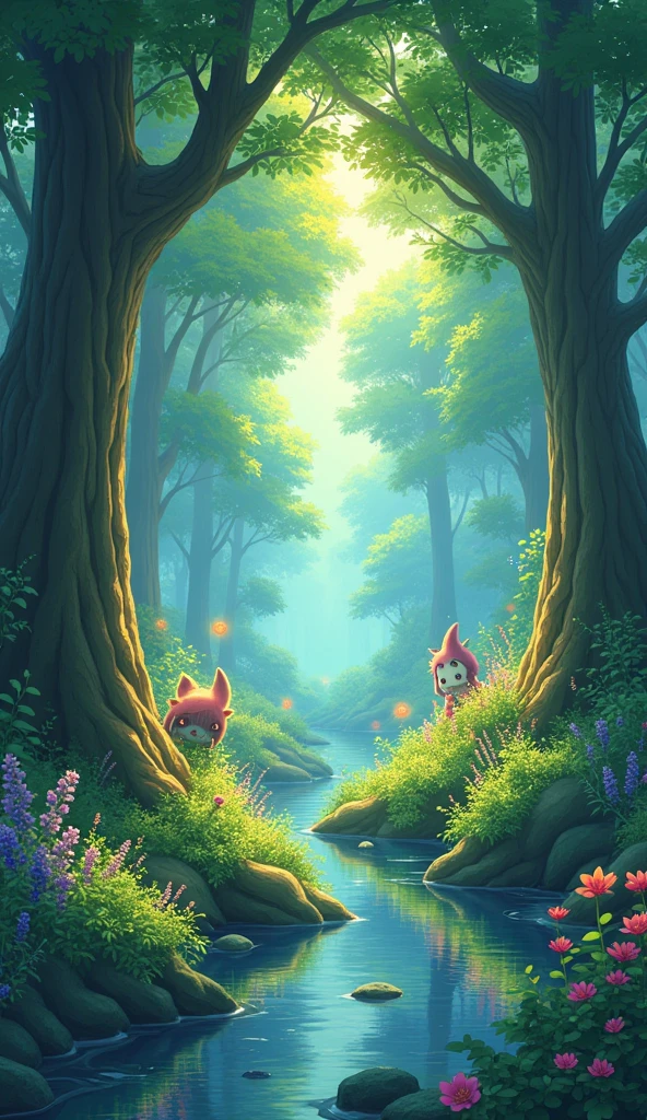 photorealistic Viral anime nature wallpaper in 4K quality, in the style of digital illustration inspired by Hayao Miyazaki, featuring a serene forest with towering ancient trees, dappled sunlight filtering through the leaves, a gentle stream flowing through the scene, and mystical creatures peeking from behind the foliage; vibrant and warm color temperature, cosmos lighting with stars twinkling in the sky, no human characters, the atmosphere is tranquil and enchanting --v 5 --stylize 1000
