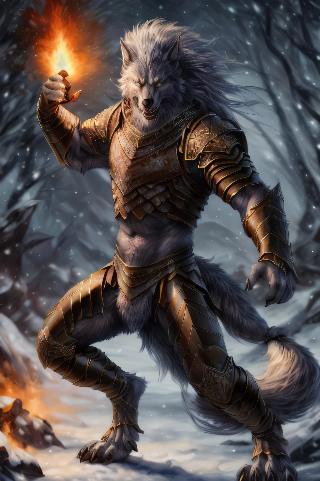 canid, canine, maliketh (/elden ring/), wolf, wearing white and orange, intricate heavy armour, shining, floating particles, (heroic pose:1.3), standing, holding fire torch, snow forest background, by personalami, by tojo the thief, photorealistic, realistic, masterpiece, 4k, sharp focus   