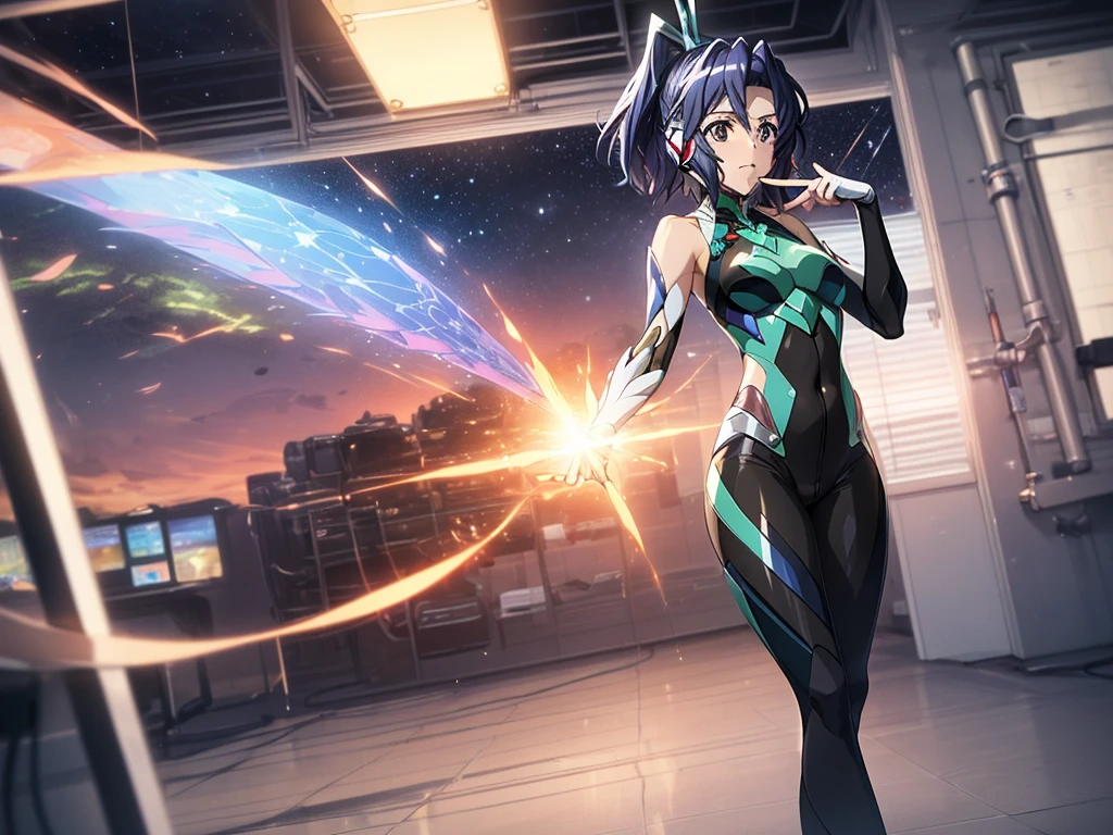 ((full body)),(俯瞰shape),Dynamic Angle,Very detailed, shape, close, straight, One Girl, 
 ((Winner: Tsubasa, Interface Headset, Symphogear Bodysuit:1.4, Dark blue hair)),Her eyes shone like dream-like stars,(Glowing Eyes:1.233),(Beautiful and detailed:1.1),(Expressionless,Mouth closed),(Are standing), 
(In a white spaceship、Maintenance room with tools and spacecraft window),
(night:1.2),dream-like, [[Delicate fingers and hands:0.55]::0.85],(Finger details),