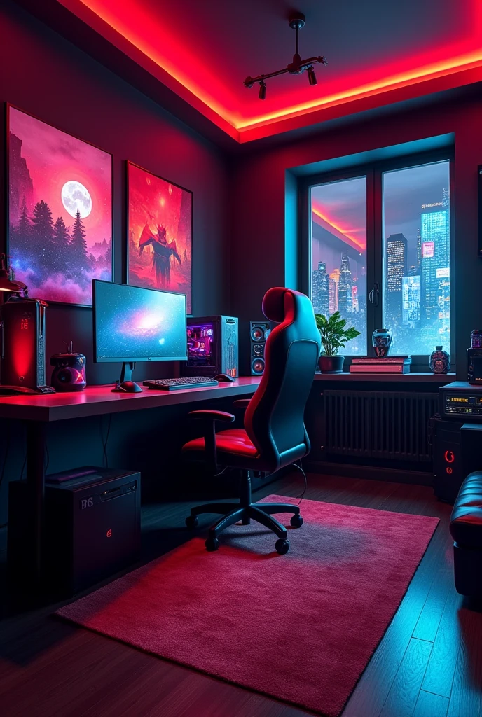 gamer room with black walls, red, white and blue