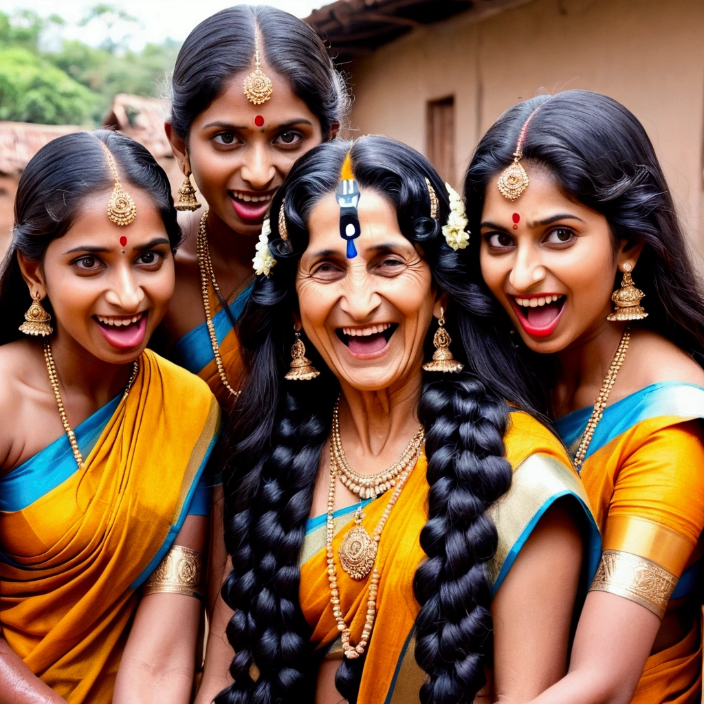 (Masterpiece),(High Quality),(Best quality),indian kali temple as detailed in image prompt,four eldery indian ladies in sarees as detailed in image prompt,Identify with the names of Nala,Kala,Bila,hukala,All of these Nala,Kala,Bila three younger ladies having excat simillar hais described as black curly hairs like rapunzel noodles as detailed in image prompt,all of their hairs Flooded with 10 liters of oil over thier hairs as detailed in image prompt,also their hairs like oil pulp as detailed in image promt,hairlines are all together till the end as detailed in image prompt,Nala crawlled down as detailed in image prompt,Kala and Bila bend over forward and kissing Nala' head scalp from respectively sides to the head,bending from both sides keeping their jamds on the ground and also keeping thier tongues out(show me your tongue,long tongue:1.2),As same for Nala' scalp licking Hukala bendong from behimd to the Nala and she also licking Nala' scalp wiredly keeping her gongue also out(Show me your tongue,long tongue:1.2),(showcase four ladies as detailed in image prompt),(Showcase all ladies poses as detailed in image prompt),(Showcase all ladies hairs already had oil bath),(Showcase all ladies having similar hairs in relavent detailed in image prompt),(Showcase that all ladies' high oil content in their relavent hairs),(Showcase all four ladies' hairs are shinning like mirrors due to high oil content on their hairs),(Showcase full detail as per the image prompt exact in to the creation with out any mistake),{{{ALL PARAMETRS EXACT SAME AS IN IMAGE PROMPT}}}},((perfect UHD color grading))