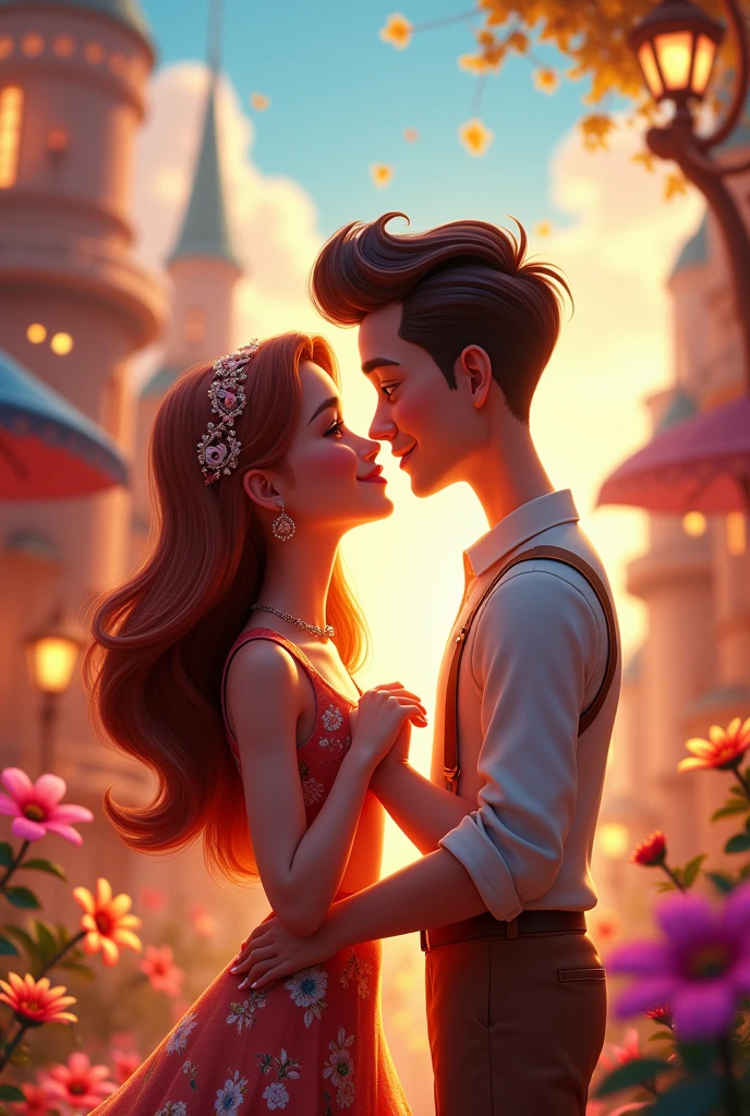 Disney-Pixar movie Poster Couple feeling in love in สถานที่นั้นๆ ผญ+Hair color+Eye color+Color of outfit , Man+Hair color+Color of outfit. in 3D Disney-pixar style 