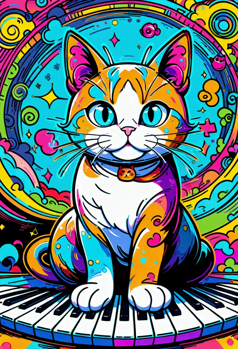 1cat, Meme, Keyboard Cat, cute cat, cartoon cat, funny cat, cat playing keyboard, colorful background, digital art, vector illustration, vibrant colors, bold colors, whimsical, humorous, meme style, internet culture, pop art, (4k,8k,highres:1.2), ultra-detailed, masterpiece, best quality, very aesthetic, absurdres