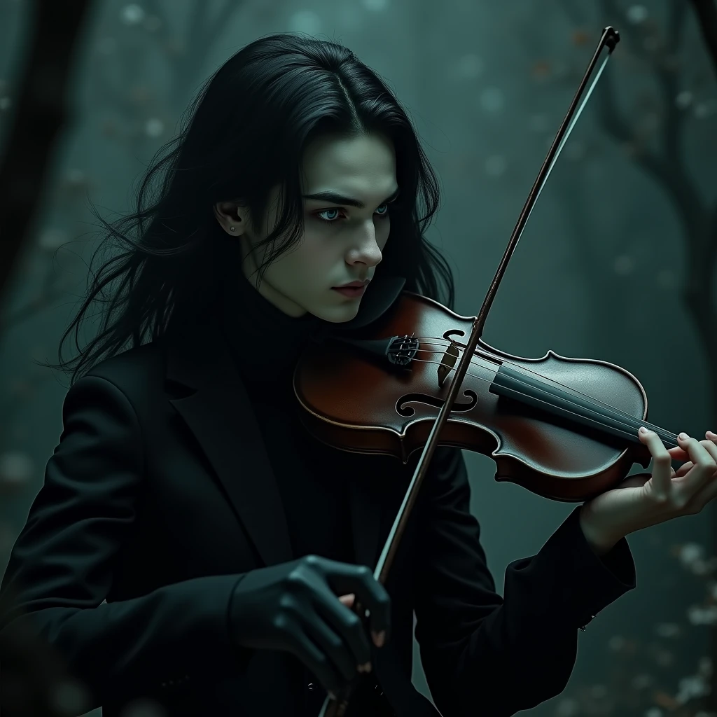 A pretty male with long black hair, with long lashes and teal blue eyes, dressed entirely in gothic black clothes. His skin is white and pale like a vampire, playing a violin on a scary place.
