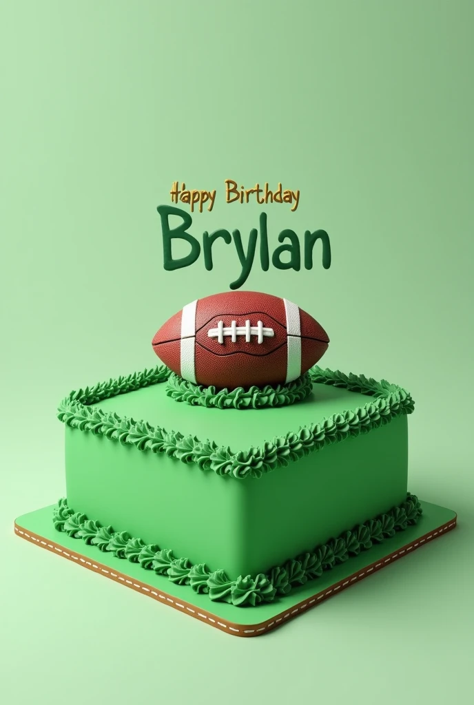 A green square cake with a football that says Happy Birthday Bryan