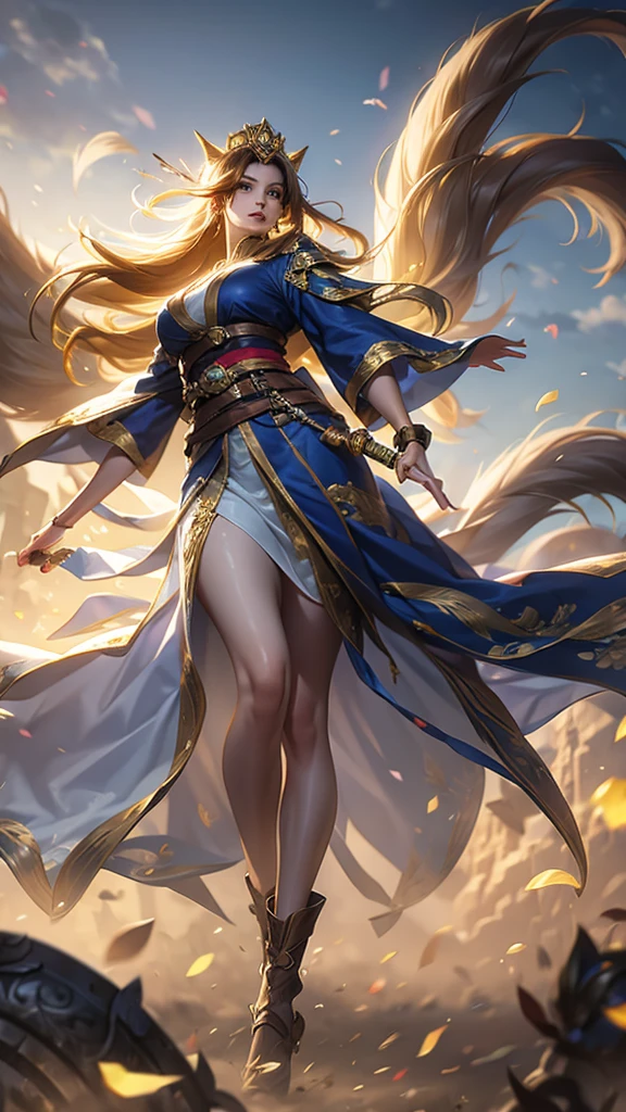 Airship,general,serious,Japanese nine-tailed fox girl,long flowing hair,Big breasts,All American Body,Wear Sergeant Major Clothing,Wearing a sergeant's coat,black stockings,Black combat shoes