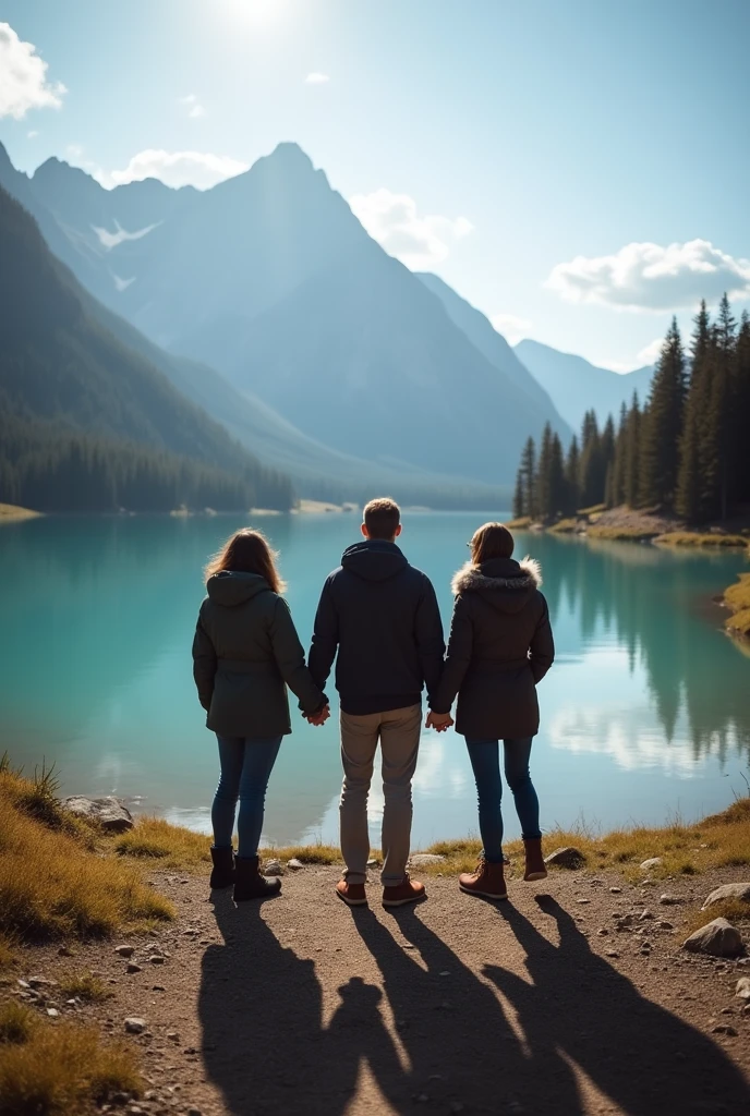 3 people, where holding hand lake and mountain in the background