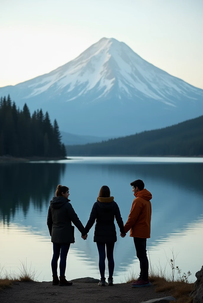 3 people, where holding hand lake and mountain in the background 
