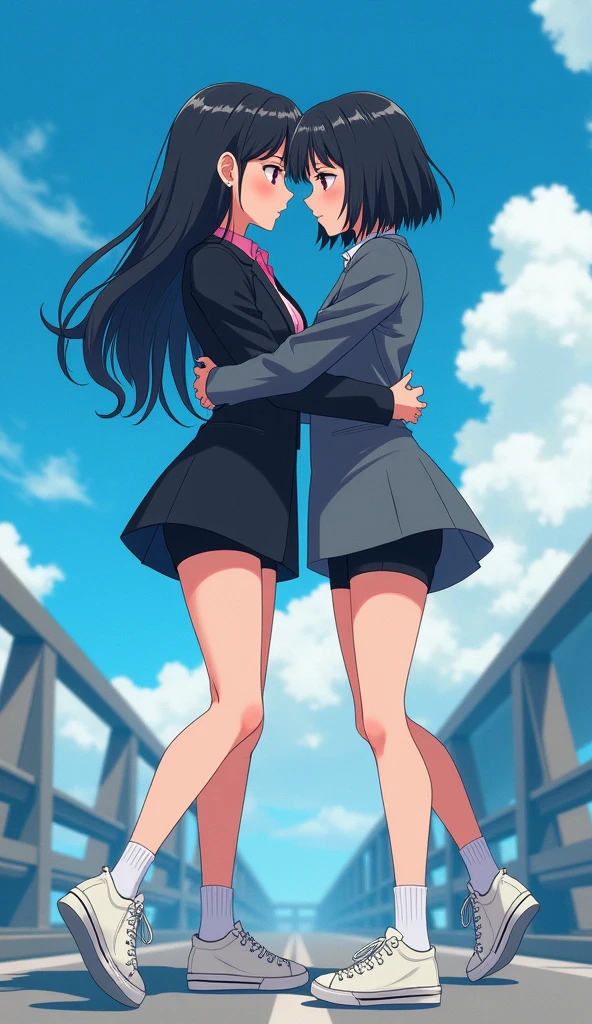 Two girls, yuri, "girl long black hair wear a black suit, pink shirt, black pencil skirt, black underpants, white socks, white sneakers" and "girl long black hair wear a black suit, grey shirt, black pencil skirt, black underpants, white socks, white sneakers", embraced at the waist, walking, staring into eyes, hugging, bridge, ocean blue sky, novel cartoon, 4K, HD