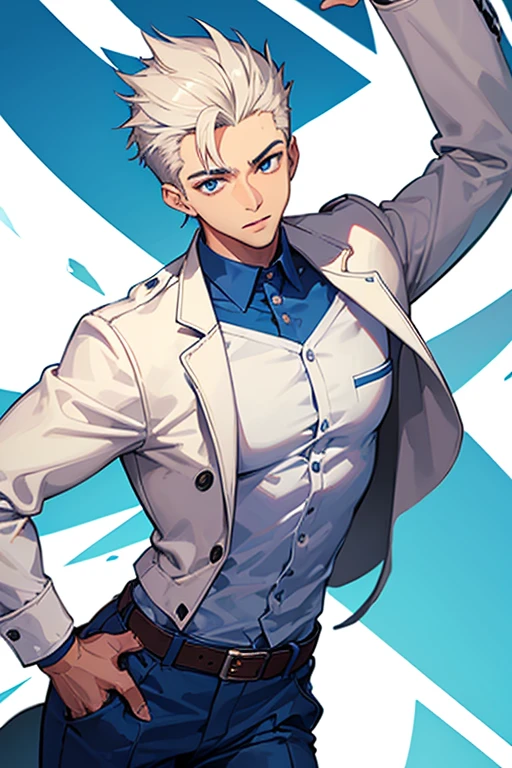 man in his 20s, Mexican, slim build, muscles, nurse uniform, white coat, blue pants, brown hair, spiky hair, blue eyes, looking directly at viewer white background
