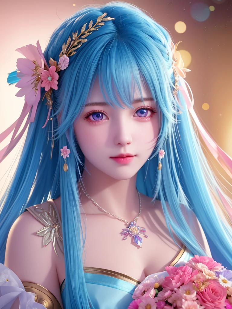 best quality, masterpiece, High target, There is a girl with a basket of flowers on her head, beautiful clothes, Hair Decorationss, necklace, Decorations, Pretty Face, When the body, Tyndall effect, Realistic Portraits, Edge lighting, Two-color light, (Very delicate skin:1.2), 8K uhd, Digital SLR Camera, Soft Light, high quality, Volumetric Lighting, Honest, photo, high resolution, 4K, 8K, Bokeh, Blue hair,pink hair tips, Pink Eyes.
