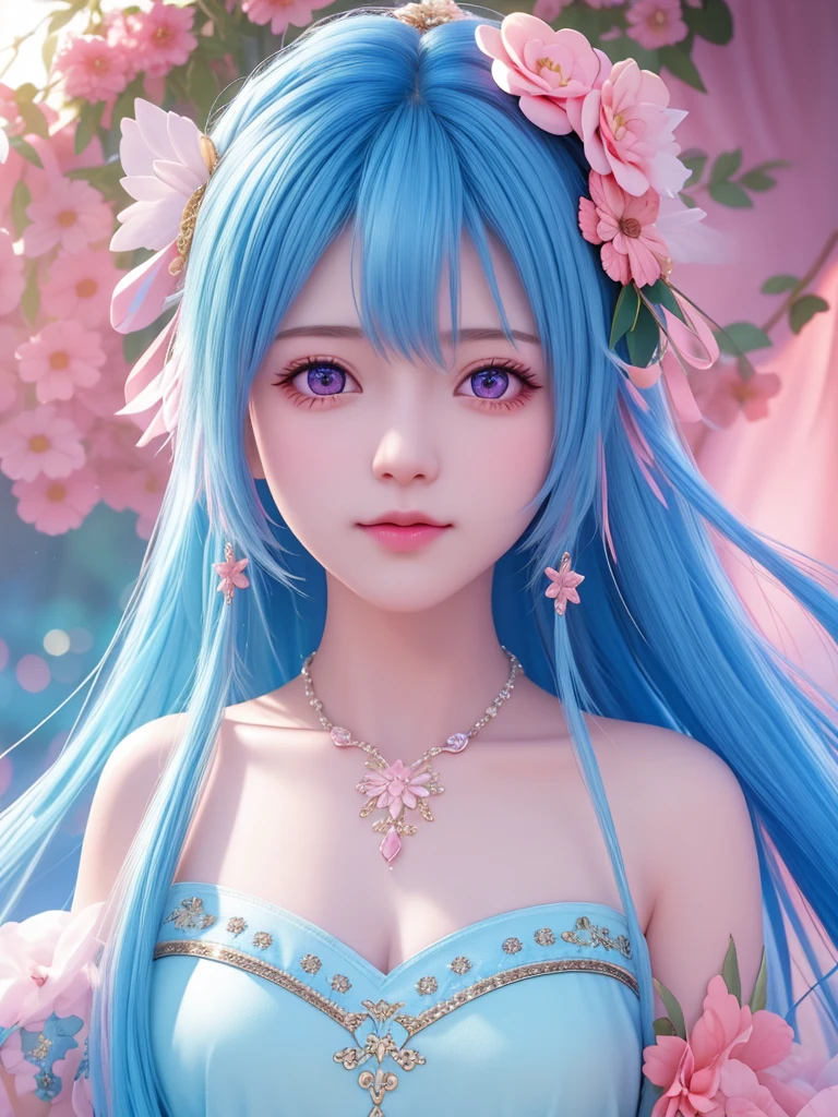 best quality, masterpiece, High target, There is a girl with a basket of flowers on her head, beautiful clothes, Hair Decorationss, necklace, Decorations, Pretty Face, When the body, Tyndall effect, Realistic Portraits, Edge lighting, Two-color light, (Very delicate skin:1.2), 8K uhd, Digital SLR Camera, Soft Light, high quality, Volumetric Lighting, Honest, photo, high resolution, 4K, 8K, Bokeh, Blue hair,pink hair tips, Pink Eyes.