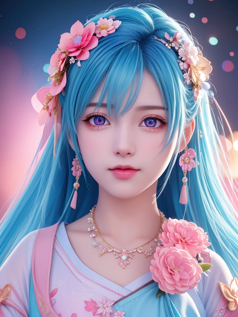 best quality, masterpiece, High target, There is a girl with a basket of flowers on her head, beautiful clothes, Hair Decorationss, necklace, Decorations, Pretty Face, When the body, Tyndall effect, Realistic Portraits, Edge lighting, Two-color light, (Very delicate skin:1.2), 8K uhd, Digital SLR Camera, Soft Light, high quality, Volumetric Lighting, Honest, photo, high resolution, 4K, 8K, Bokeh, Blue hair，pink hair tips, Pink Eyes.