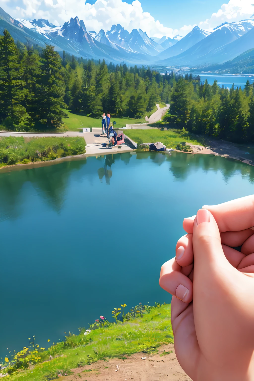 A boy holding hand of a girl and girl holding another girl's hand taking a photo of them and lake and mountain in the background total 3 people 1 boy 2 girl