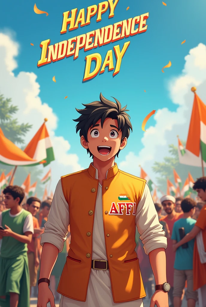 Independence Day Photo
A real 18-year-old boyAnime look joyfully celebrates Indian Independence Day. He is wearing traditional Indian politician outfit with the name "AFFI" written on his attire. Above him, in the sky, the words "Happy Independence Day" are displayed in a bold font. The backdrop is filled with people celebrating, enhancing the festive and patriotic spirit of the day.