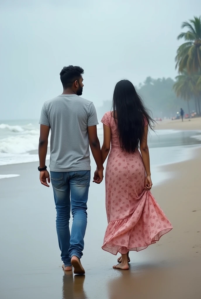 A boy age 27 south India from andhrapradesh wear jeans and t-shirt dusky skin and there was a girl age 25 north India from mumbai looks very modern she wears western dress looks very beautiful and active. Two are walking on the beach, between them have some space. Cloudy climate and raining.