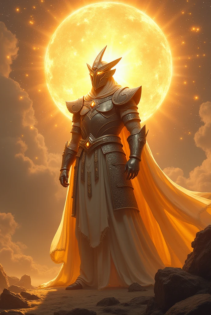 create an image of a warrior shining like the sun, with a large, half-square helmet and precious stones on its visor instead of eyes