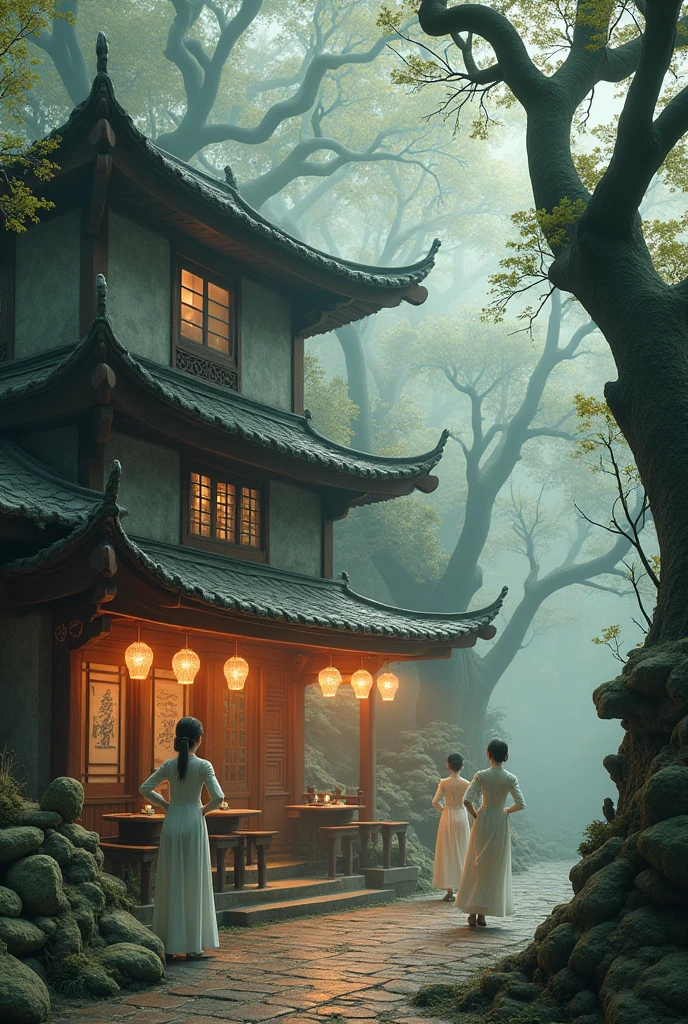 An illusion in a dream, chinese fairies and monsters, ancient restaurant and trees
