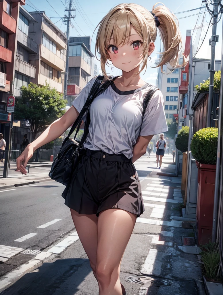 Best shot, unreal photo, super quality, correction of small details,
Huge city, A lot of buildings, Evening time of the day, sunset, A bit of clouds, sense of diversity, Fantastic view, trees, The Setting Sun, moving cars, different cars, People passing by, Tratuary, billboard,
1 girl, solo, beautiful girl, cute face,
full height, White T-shirt, backpack, wear a baseball cap, earrings, bright skin, blonde hair, Ponytail, Red eyes, looking at the viewer, Show, smile, GO, sports trousers, put on sneakers, walking,
ultra quality, 4K,