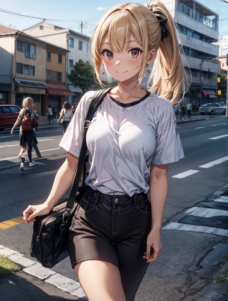 Best shot, unreal photo, super quality, correction of small details,
Huge city, A lot of buildings, Evening time of the day, sunset, A bit of clouds, sense of diversity, Fantastic view, trees, The Setting Sun, moving cars, different cars, People passing by, Tratuary, billboard,
1 girl, solo, beautiful girl, cute face,
full height, White T-shirt, backpack, wear a baseball cap, earrings, bright skin, blonde hair, Ponytail, Red eyes, looking at the viewer, Show, smile, GO, sports trousers, put on sneakers, walking,
ultra quality, 4K,
