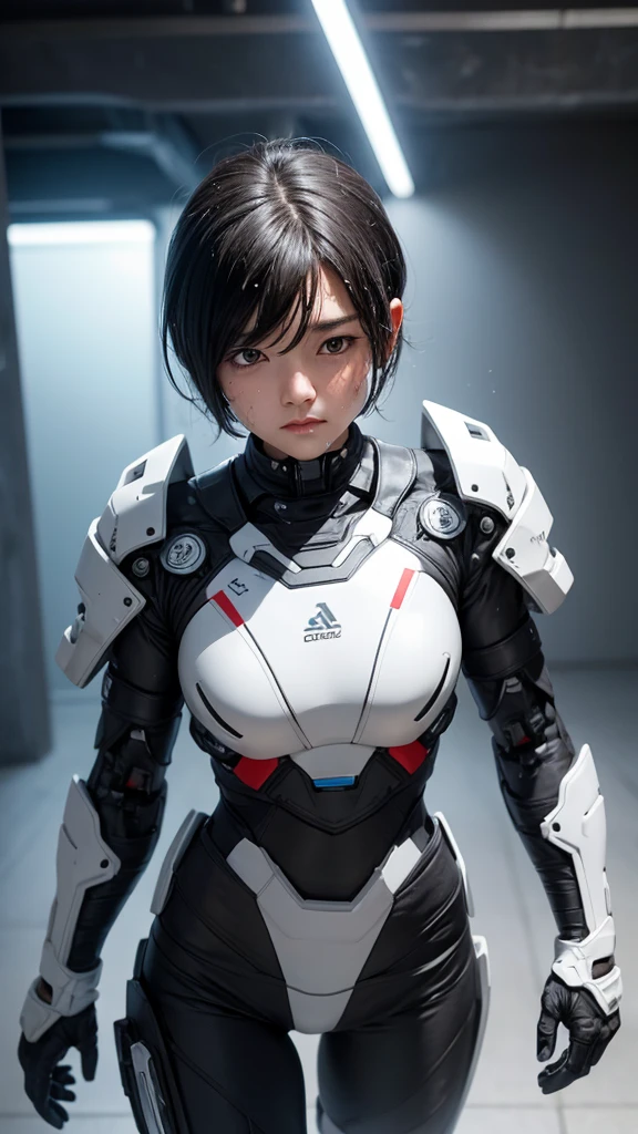 Highest quality　8k Cyborg Suit Girl　Heavy Armor　　Elementary school girl　Sweaty face　cute　Boyish short hair　Very short hair　Steam coming out of my head　My hair is wet with sweat　Black Hair　Broken and unable to move　　Lying down　Soaked Face　My crotch is wet