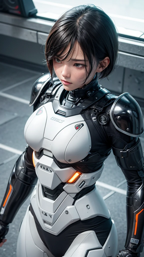 Highest quality 8k Cyborg Suit Girl Heavy Armor Elementary school girl Sweaty face cute Boyish short hair Very short hair Steam coming out of my head My hair is wet with sweat Black Hair Broken and unable to move Lying down Soaked Face My crotch is wet