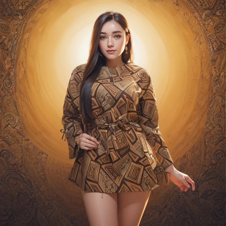 (masterpiece), (best quality), (digital painting), beautiful woman, thick eyebrows, blue eyes, curled eyelashes, facial details, long hair, big breasts, (brown batik shirt cloth_ patterns), short skirt step repeating patterns design, fabric art, flat illustration, Vector, 4K, Art station shop street background, Highly detailed, intricate, 8k octane rendering