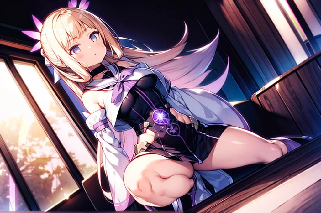 (Extremely detailed CG), (Highest quality),(whole body)，(( Squat，Spread your legs，Strike a Pose)),1 girl,alone, Grey Eyes,Long Hair, blonde,Purple Dress,Wide white sleeves,Purple ribbon,Purple Stockings,hair ornaments,Exposing shoulders,Removed sleeve, Black gloves, Blunt bangs, Magical girl, Perfect Face,  Glowing Skin, Glowing Skin, Wide Hips,Tight waist,Knee-high boots，Elbow Bag,1 girl, Long Hair, Big Breasts，Thick thighs，sunset，Octane，