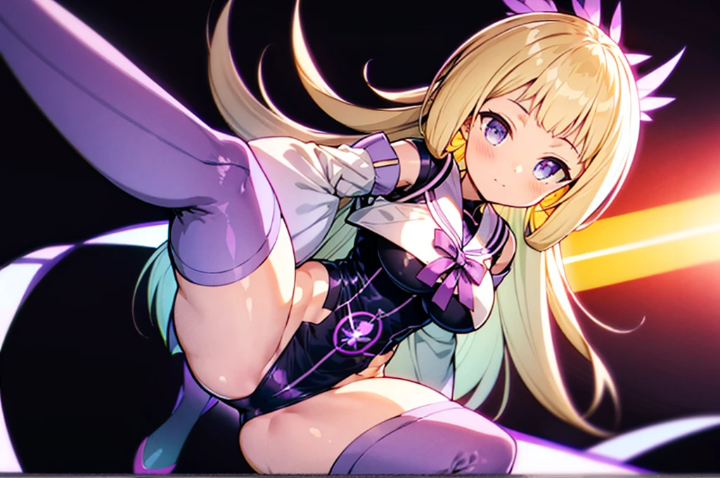 (Extremely detailed CG), (Highest quality),(whole body),(( Squat,Spread your legs,Strike a Pose)),1 girl,alone, Grey Eyes,Long Hair, blonde,Purple Dress,Wide white sleeves,Purple ribbon,Purple Stockings,hair ornaments,Exposing shoulders,Removed sleeve, Black gloves, Blunt bangs, Magical girl, Perfect Face, Glowing Skin, Glowing Skin, Wide Hips,Tight waist,Knee-high boots,Elbow Bag,1 girl, Long Hair, Big Breasts,Thick thighs,sunset,Octane,