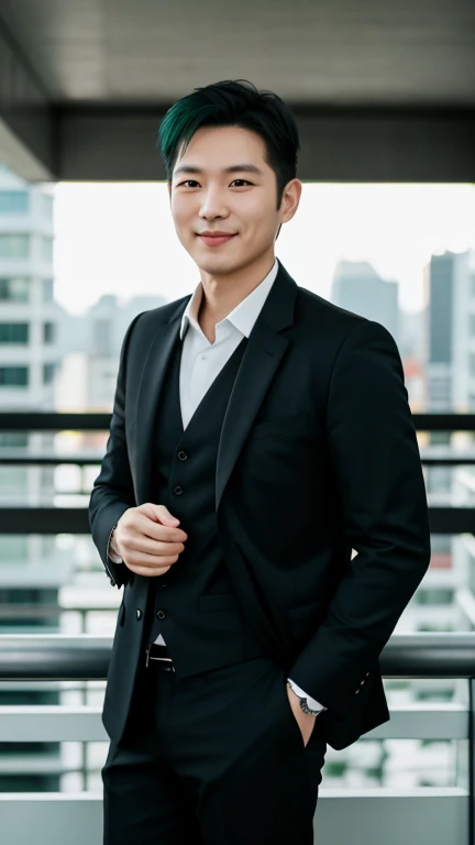 1 person,A smile 40-year-old Korean man ,green hair, In black suit,full bodyesbian,bulgin muscals,short hair, gentlesoftlighting,masterpiece,best qualtiy,8K UHD,digital SLR camera,filmgrain,cool post lean at the modern balcony in building