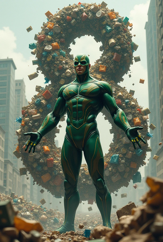 Create a superhero who has the powers of Magneto but instead of controlling metal he controls garbage while it is floating in the air, have a figure of an 8 lying down, of garbage behind him