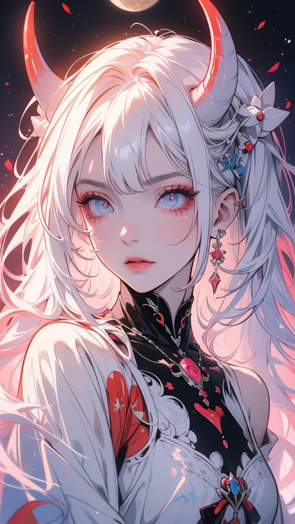 demon girl 25 years old, white hair with coral tips, straight horns with a gradient from crimson to blue, eyes blue above pink below, cat pupils, red eyeliner, hourglass pattern, black tattoo line on the left shoulder - the sun with a crescent moon inside, a wide facial expression, eyes with squinting, long eyelashes