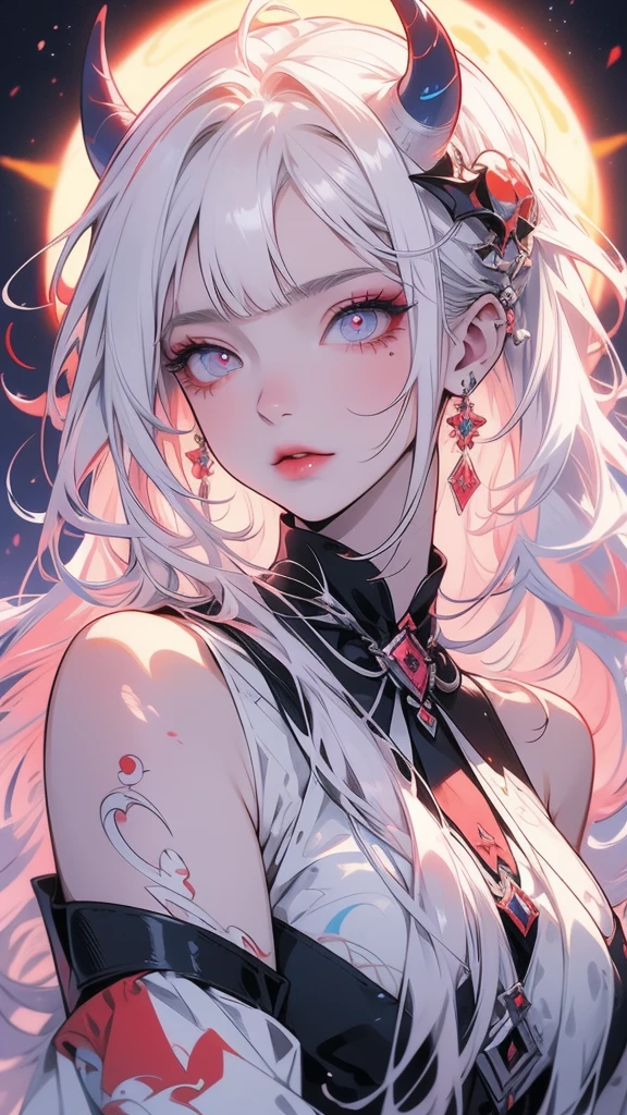 demon girl 25 years old, white hair with coral tips, straight horns with a gradient from crimson to blue, eyes blue above pink below, cat pupils, red eyeliner, hourglass pattern, black tattoo line on the left shoulder - the sun with a crescent moon inside, a wide facial expression, eyes with squinting, long eyelashes