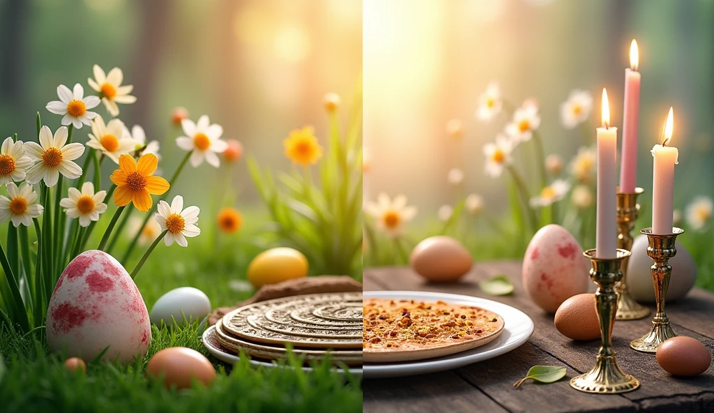 A divided fund, with one side showing a vibrant spring scene with flowers in bloom and eggs (representing the secular Easter) and the other side featuring a serene and solemn setting with a Passover Seder plate and candles (representing religious significance)