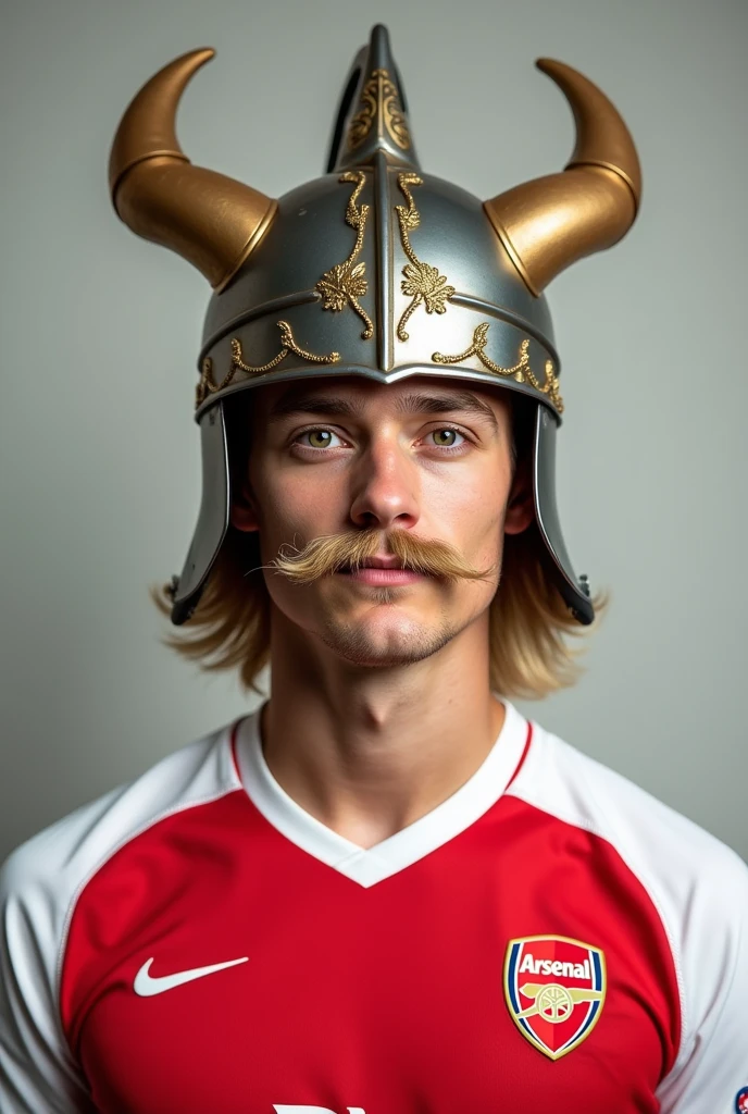 Un photo montage représentant le joueur Kai Havertz vêtu du maillot d'Arsenal portant une moustache et une chevelure blonde ainsi qu'un casque de gaulois comme le personnage de bande dessinée Asterix.