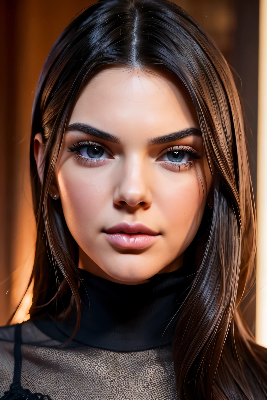 Kendall Jenner, fine rostrum, big blue eyes with long eyelashes; Soft crimson fleshy lips; thin and profiled nose. long brown hair