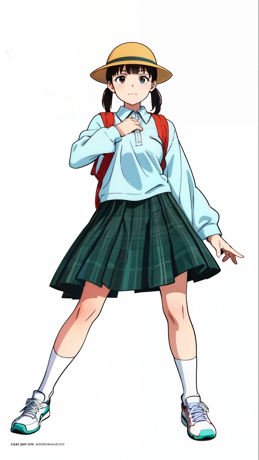 (white background:1.0), (best quality:1.0), (masterpiece:1.0), (super fine illustration:1.0), (beautiful artwork:1.0), (anime screencap:1.0), (official art:1.0), (full body:1.0), (solo:1.0), (a cute girl:1.0), (yellow hat:1.0), (red randoseru:1.0), (long skirt:1.0), (green tartan skirt:1.0), (pleated skirt:1.0), (aqua blue polo shirt:1.0), (long sleeve polo shirt:1.0), (name tag:1.0), (sneakers:1.0), (white socks:1.0), (ideal ratio body proportions:1.0), (lanky:1.0), (tall:1.0), (slender:1.0), (small breasts:1.0), (smaller face:1.0), (detailed beautiful eyes:1.0), (detailed beautiful face:1.0), (glowing black eyes:1.0), (short hair:1.0), (blunt bangs:1.0), (low twintails:1.0), (black hair:1.0), (standing:1.0), (looking at viewer:1.0)