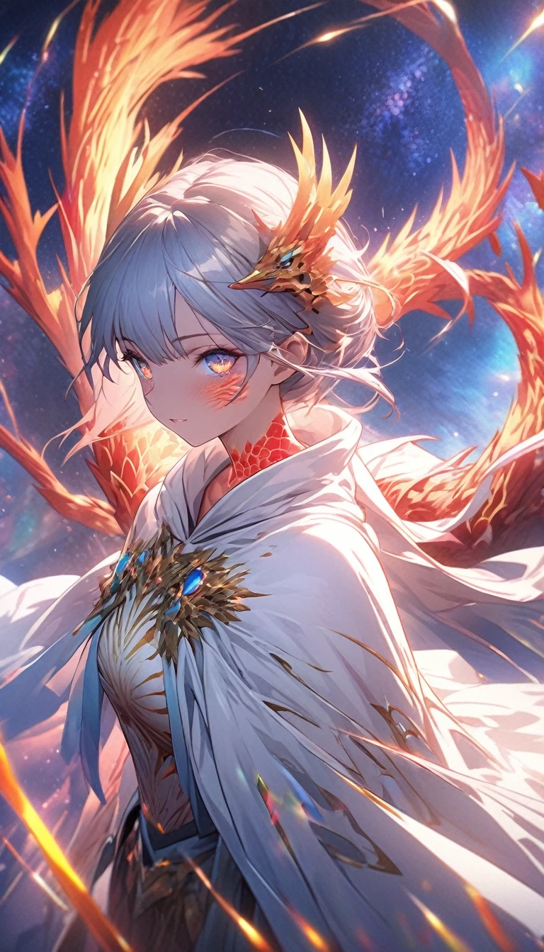 (masterpiece, Highest quality, Highest quality, Official Art, beautifully、aesthetic:1.2), (One girl), Highly detailed eyes, (Fractal Art:1.3), colorful, Most detailed, (Perfect Face), Glowing Skin, High resolution, (White cloak, golden lines:1.2), Milky Way, (Streaks of Light), Impressive visuals, (Dynamic stripes, Light trail:1.2), Vibrant colors, (Phoenix), (Dragon) (Realistic skin texture:1.3), rtrophto1