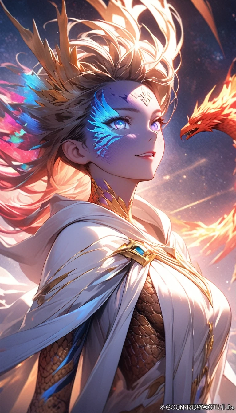 (masterpiece, Highest quality, Highest quality, Official Art, beautifully、aesthetic:1.2), (One girl), Highly detailed eyes, (Fractal Art:1.3), colorful, Most detailed, (Perfect Face), Glowing Skin, High resolution, (White cloak, golden lines:1.2), Milky Way, (Streaks of Light), Impressive visuals, (Dynamic stripes, Light trail:1.2), Vibrant colors, (Phoenix), (Dragon) (Realistic skin texture:1.3), rtrophto1