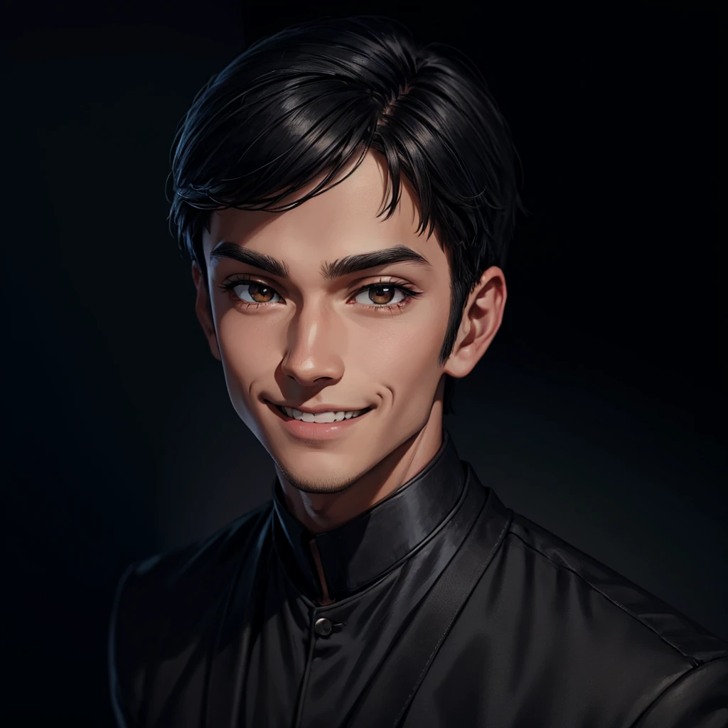 young man with chin up, short black hair, malicious smile with a look of superiority, black background