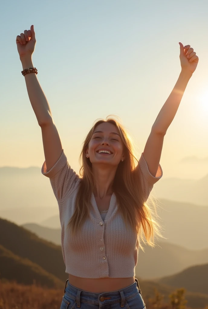 A woman raising her arms to show her happiness

