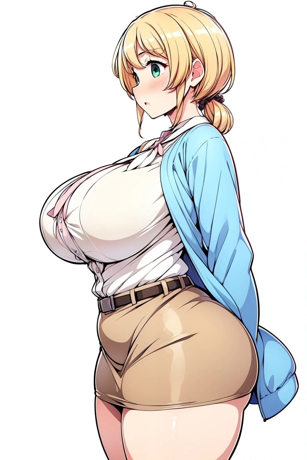 (Highly detailed CG,Highest quality,8k, masterpiece: 1.3),Super Detail, Ultra-high resolution, simple white background, Ellen Baker,girl(teacher),22 years old,Green Eye,Delicate eyes, hair(bionde,length,Loose Side Tail),(White transparent blouse),(Light blue cardigan), (light brown mini skirt), (Cute pink panties), (thin:1.4), (huge breasts, bursting breast), (narrow waist:0.8), (wide hips), ((voluptuous thighs, thick thighs)), (from side:1.2), Embarrassed look, blush,