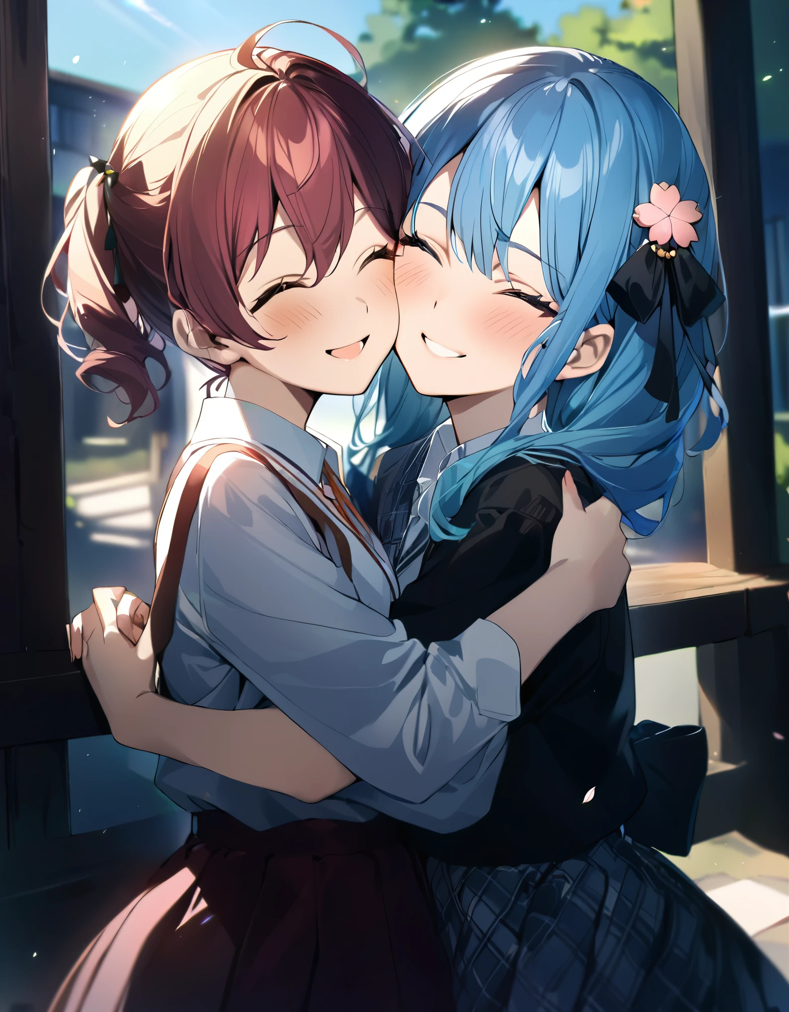(((2girls))), together, two people, masterpiece, best quality, integrated scenery, integrated background, extremely delicate and beautiful, meticulous details, good composition, closed_eyes, cute face, perfect face, perfect hands, fingernails, sakura miko, SakuraMiko, HoshimachiSuisei, hoshimachi suisei, blurry background, sunlight, light blush, ((school)), upper body, looking each other, smile, , (hugging each other),in_school,sunlight,kissing,happiness,