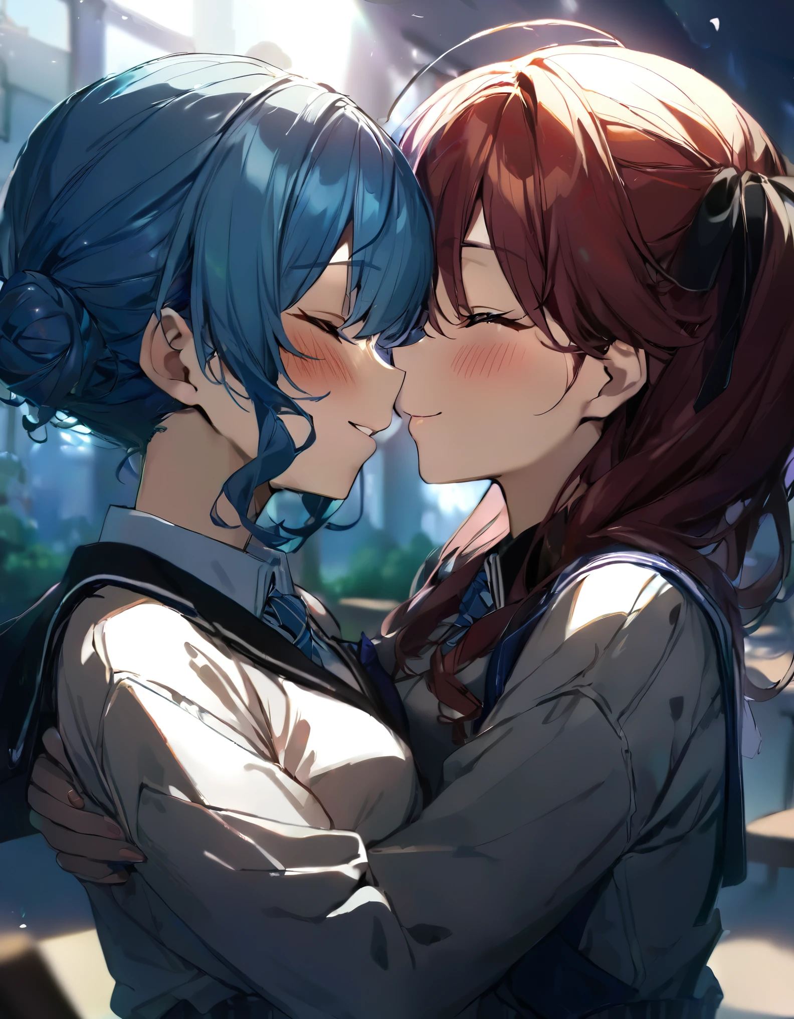 (((2girls))), together, two people, masterpiece, best quality, integrated scenery, integrated background, extremely delicate and beautiful, meticulous details, good composition, closed_eyes, cute face, perfect face, perfect hands, fingernails, sakura miko, SakuraMiko, HoshimachiSuisei, hoshimachi suisei, blurry background, sunlight, light blush, ((school)), upper body, looking each other, smile, , (hugging each other),in_school,sunlight,kissing,happiness,