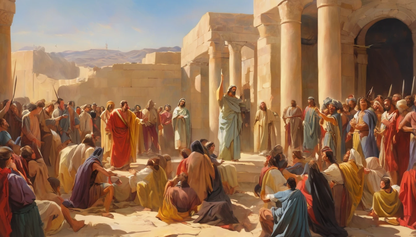 a prophetic painting in front of a group of people, bible illustration, biblical art style, biblical art, biblical image, epic biblical representation, biblical painting, Ancient Biblical, Philistine greed sermon, moisés, Directed by: Sidney Simon, Directed by: Bernard Meninsky, Directed by: Joseph Henderson, biblical clothing, Directed by: Scott M.. Fischer, Directed by: Leonard Long, fix faces, no imperfections