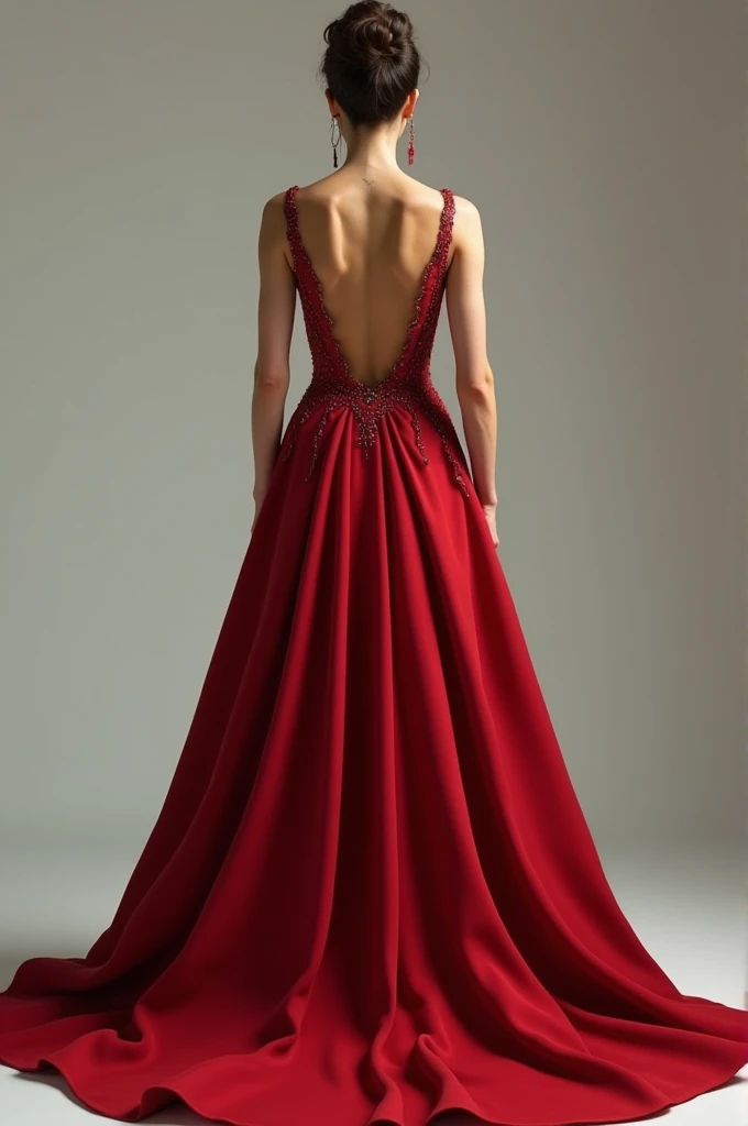 Woman wearing a long red dress with a defined back, muscles, training, hairstyle in the hair