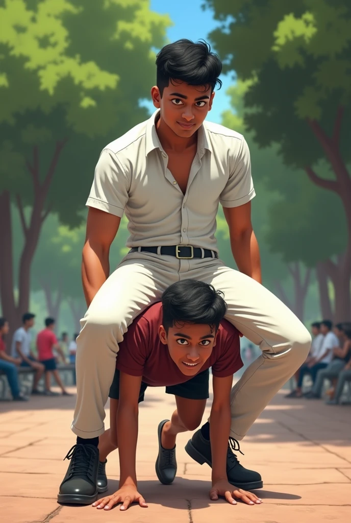 Sri lankan teen school alpha male student prefect with a mischievous smile and tanned body wearing a white shirt, white trousers and black shoes is sitting on another school student's back who is crawling on all fours and carrying him at a public park