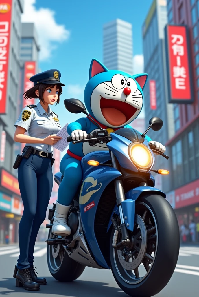 Doraemon riding a motorbike gets a ticket from a female police officer
