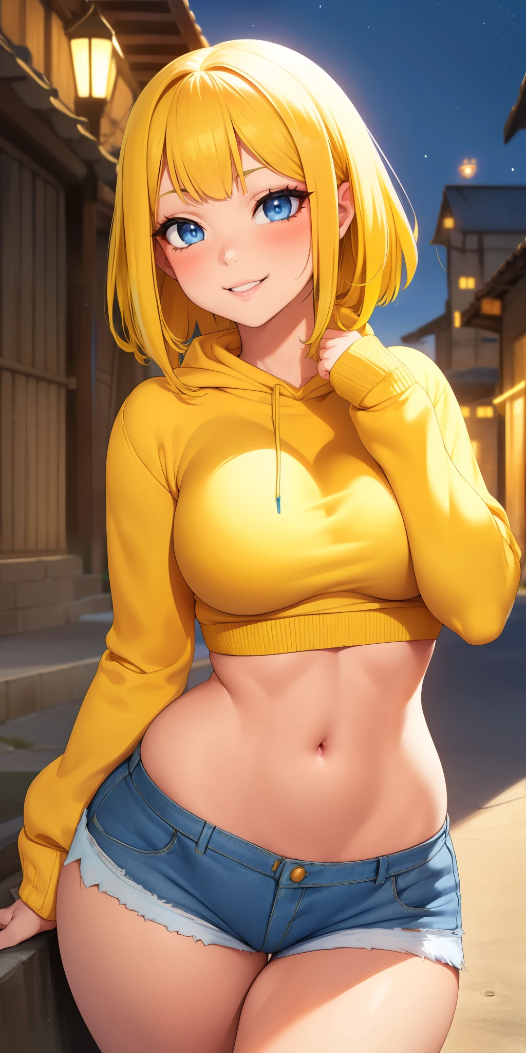 medium firm breasts, busty beautiful ((1cute and beautiful girl, blue eyes)), ((yellow hair with bangs))extremely sexy body, (sweatshirt, denim shorts), ((cosplay)), naughty smile, blush, (looking at viewer), in beautiful romantic in the rural city bridge, night